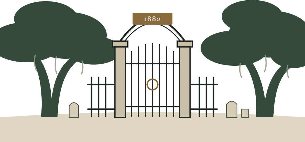 Dickinson City Cemetery gate between two live oaks